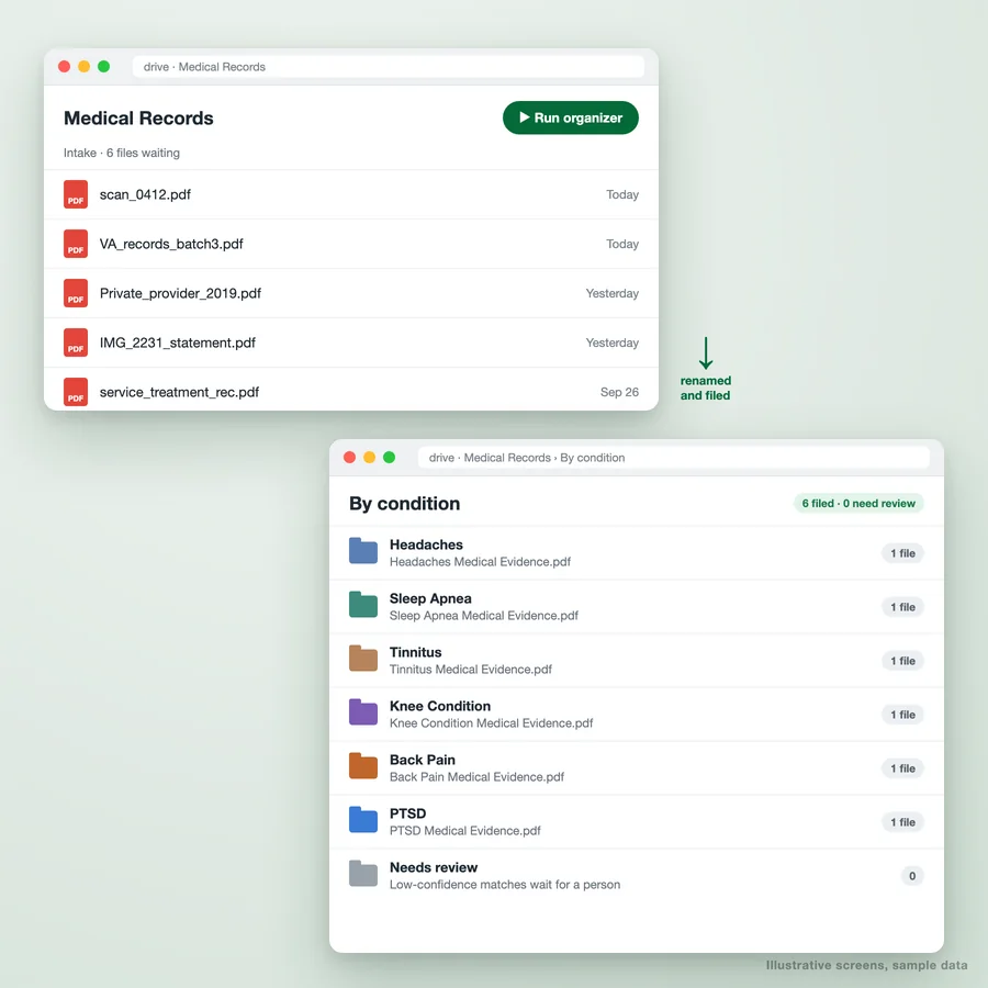 Medical records intake folder organized into condition folders