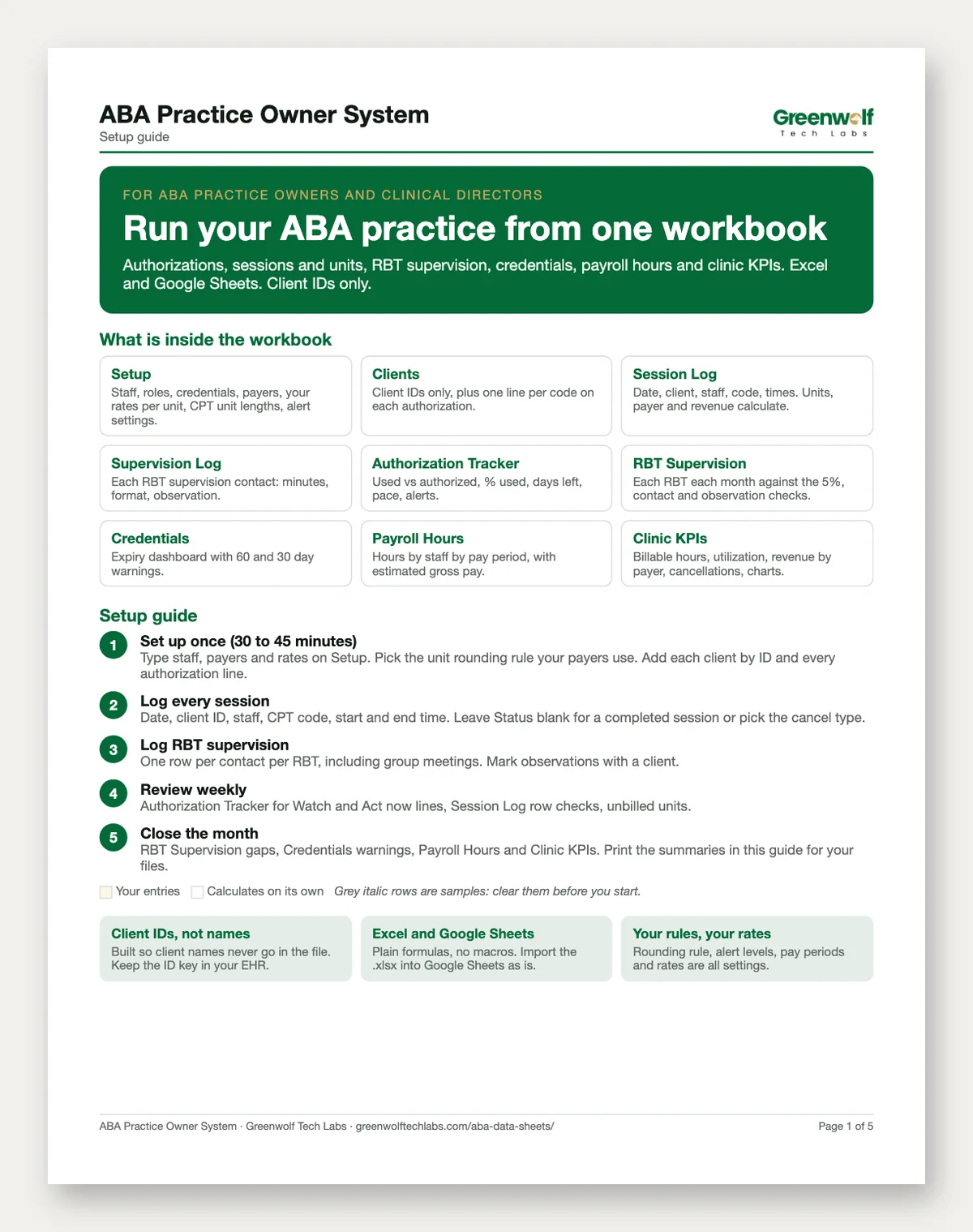 ABA Practice Owner System: printable page and spreadsheet preview