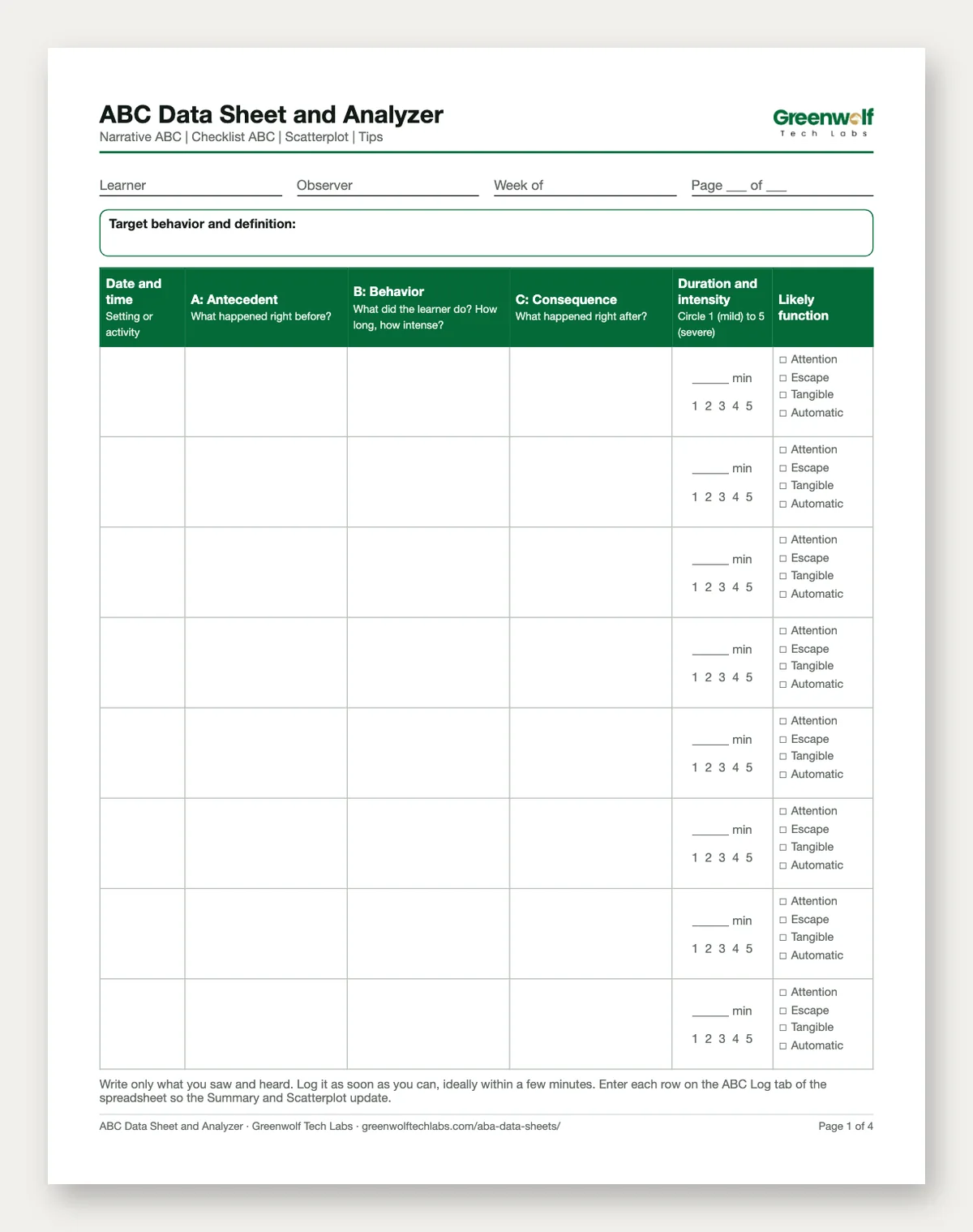 ABC Data Sheet and Analyzer: printable page and spreadsheet preview
