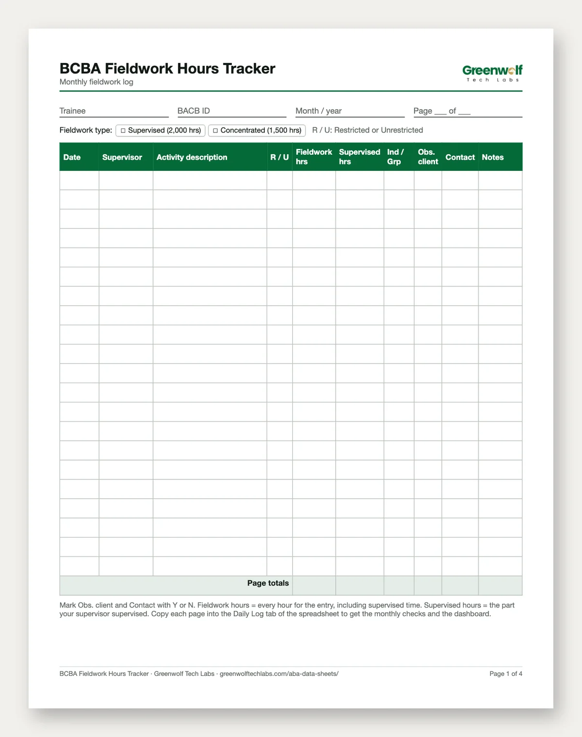 BCBA Fieldwork Hours Tracker: printable page and spreadsheet preview