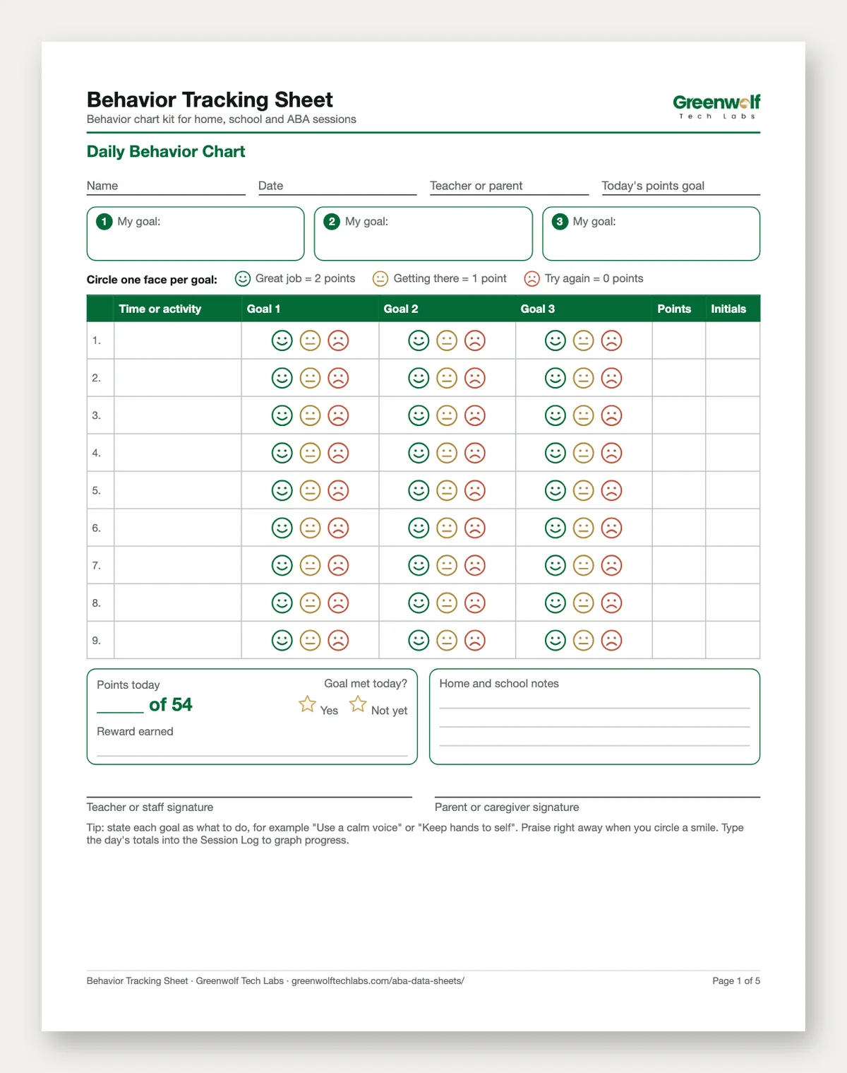 Behavior Tracking Sheet and Behavior Chart Kit: printable page and spreadsheet preview