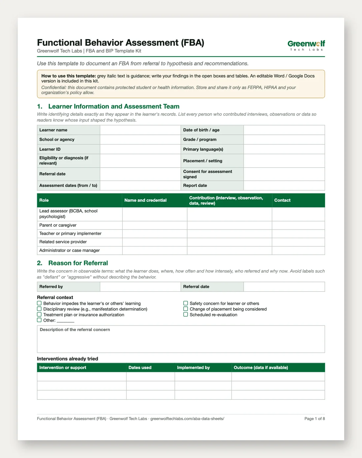 FBA and BIP Template Kit: printable page and spreadsheet preview