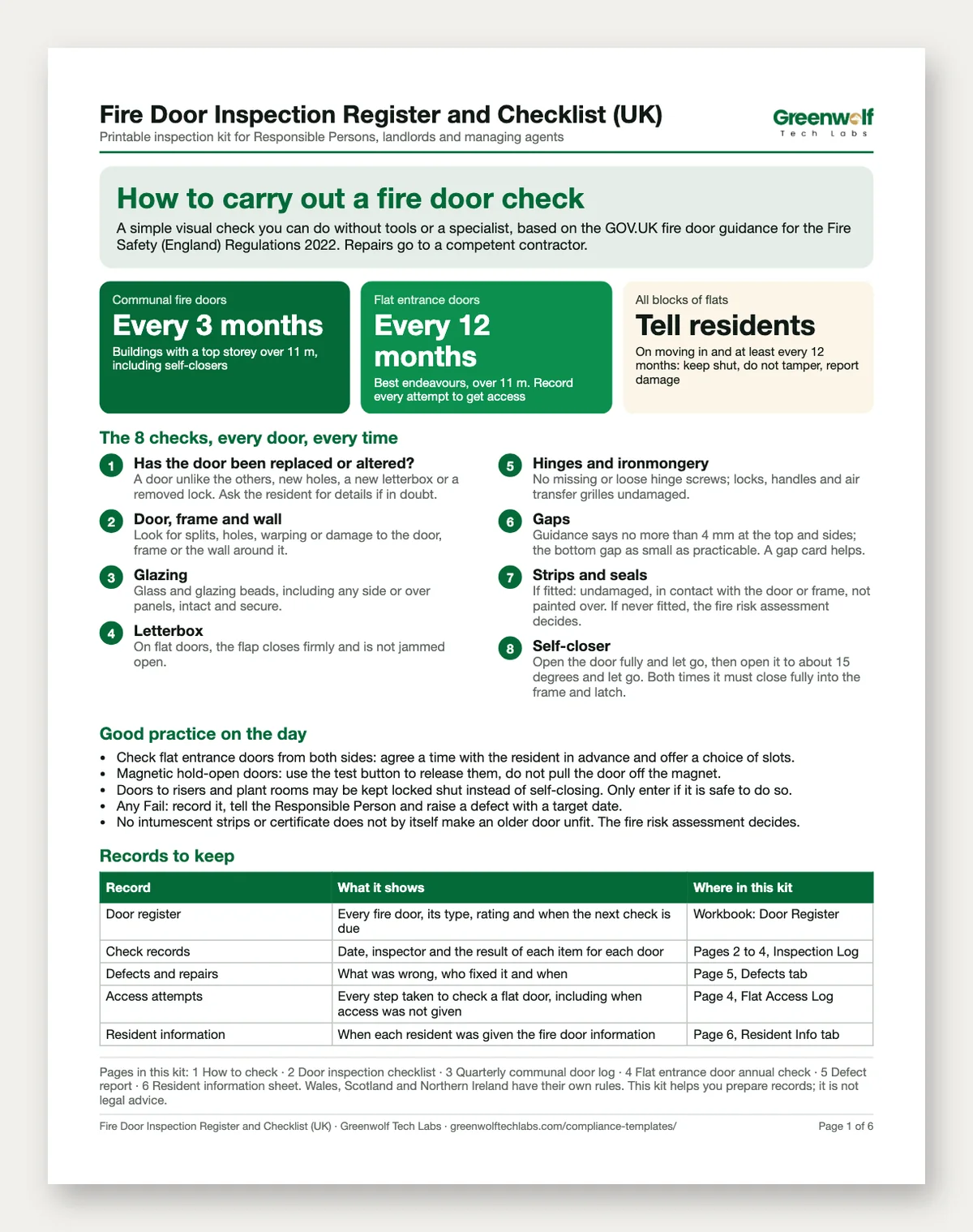 Fire Door Inspection Register and Checklist (UK): printable page and spreadsheet preview