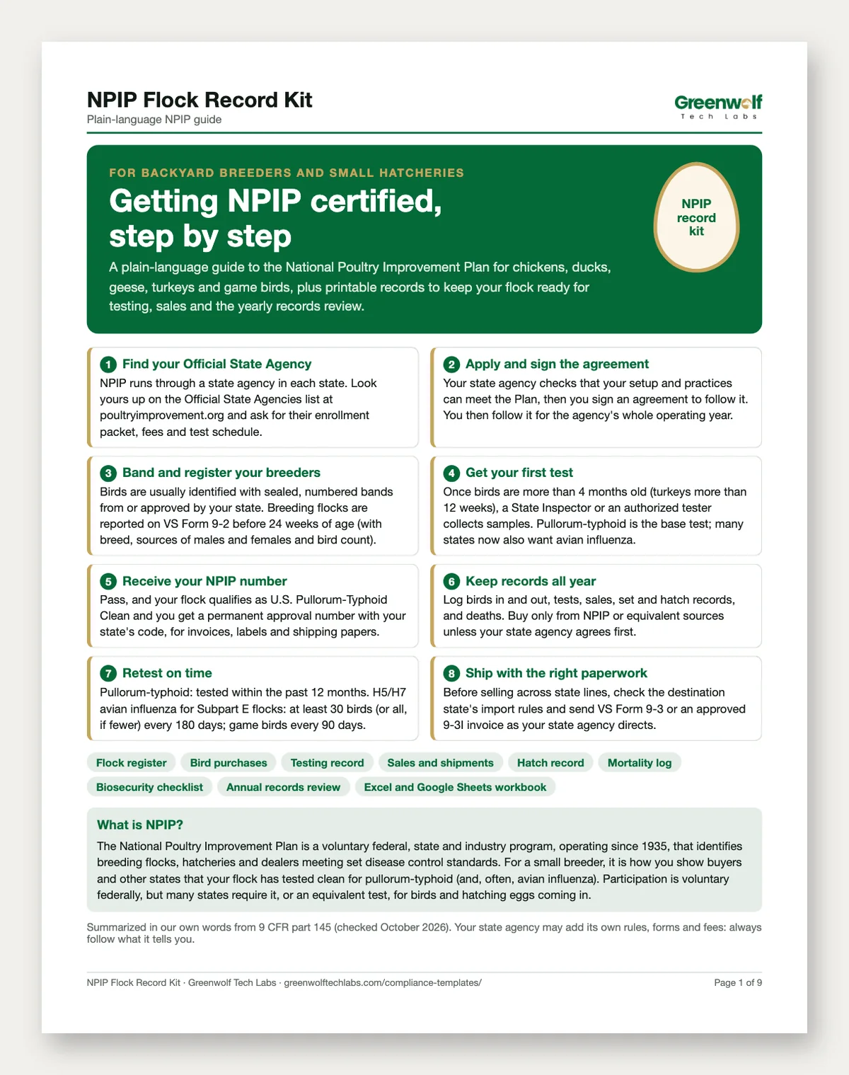 NPIP Flock Record Kit: printable page and spreadsheet preview