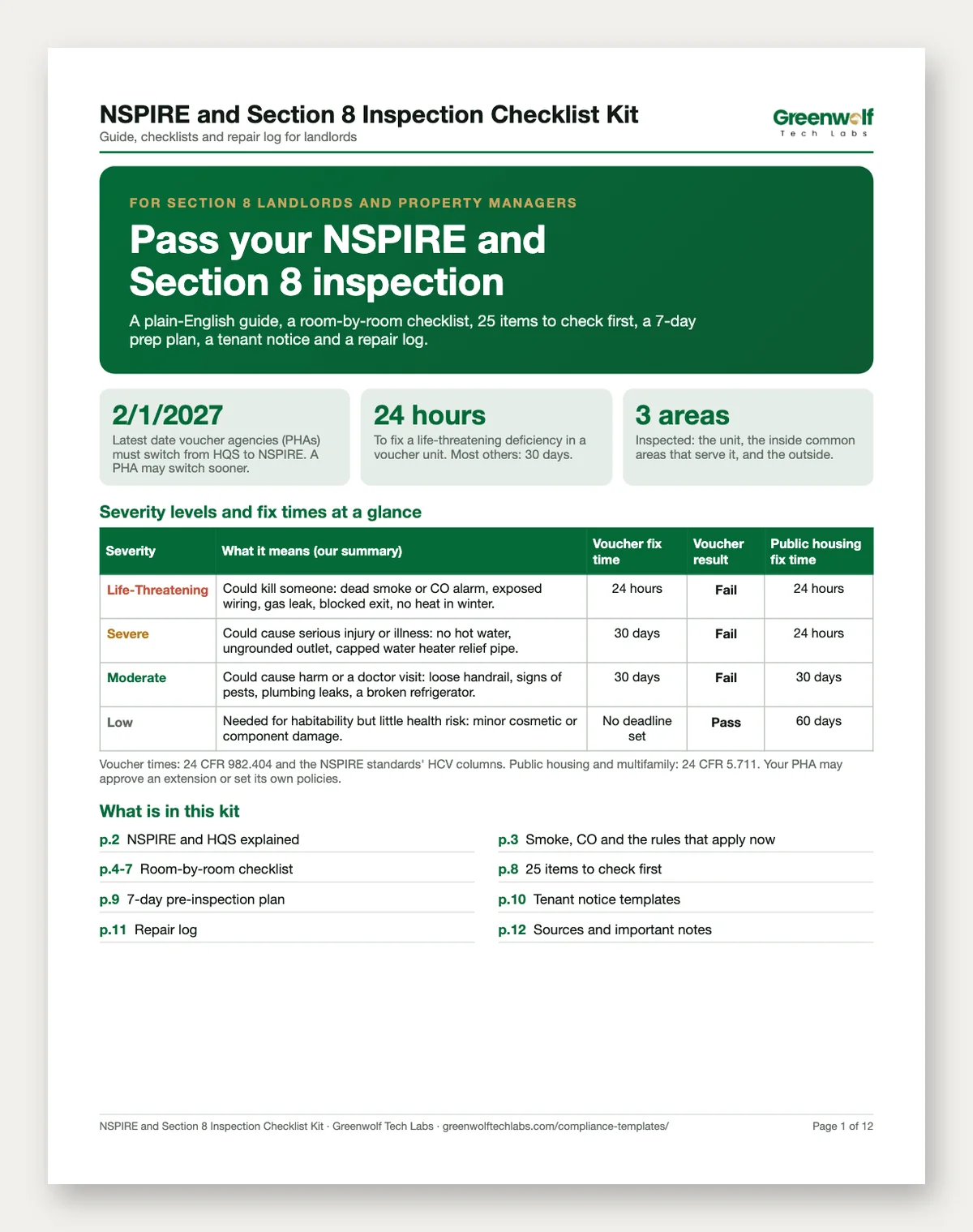 NSPIRE and Section 8 Inspection Checklist Kit: printable page and spreadsheet preview