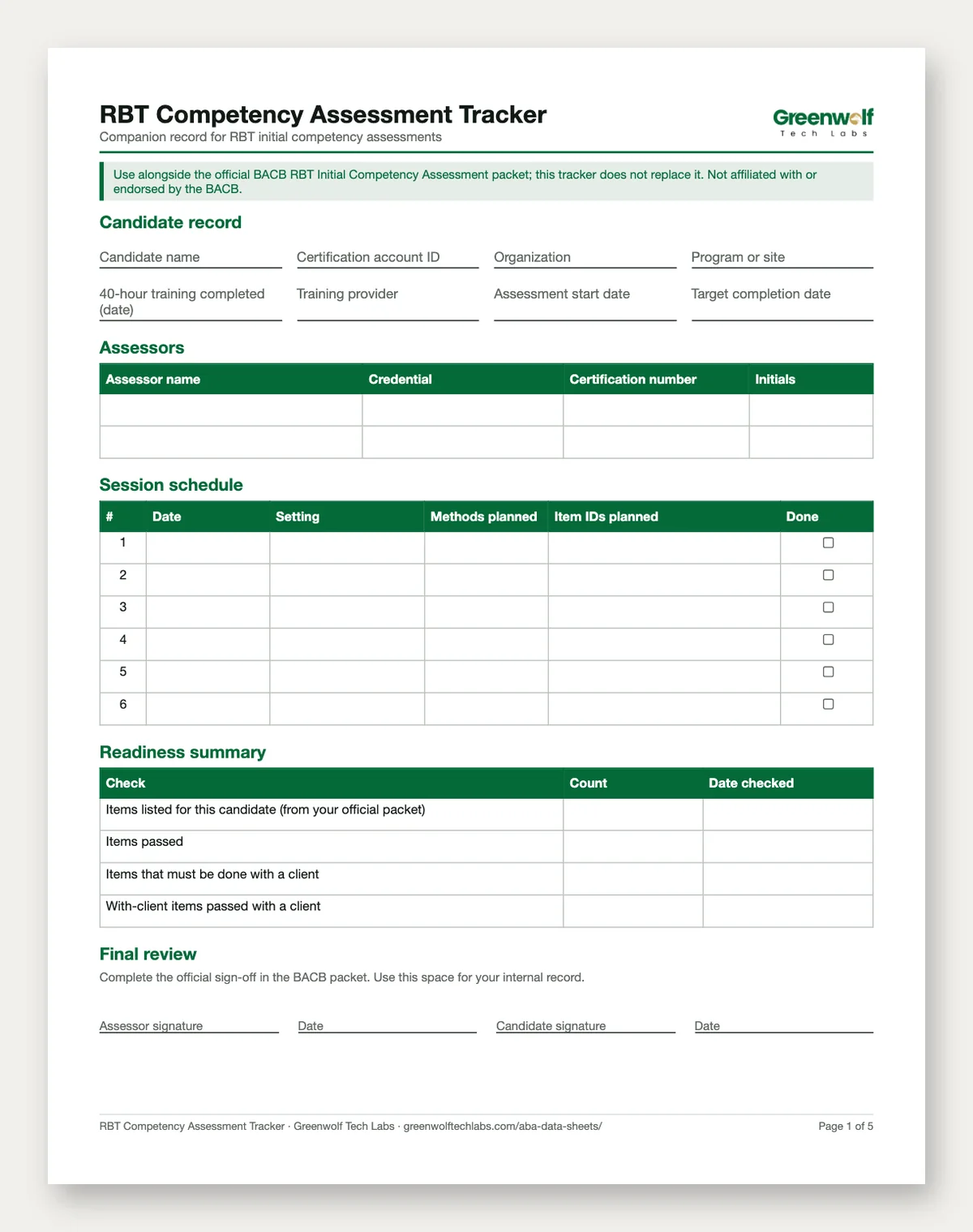 RBT Competency Assessment Tracker: printable page and spreadsheet preview