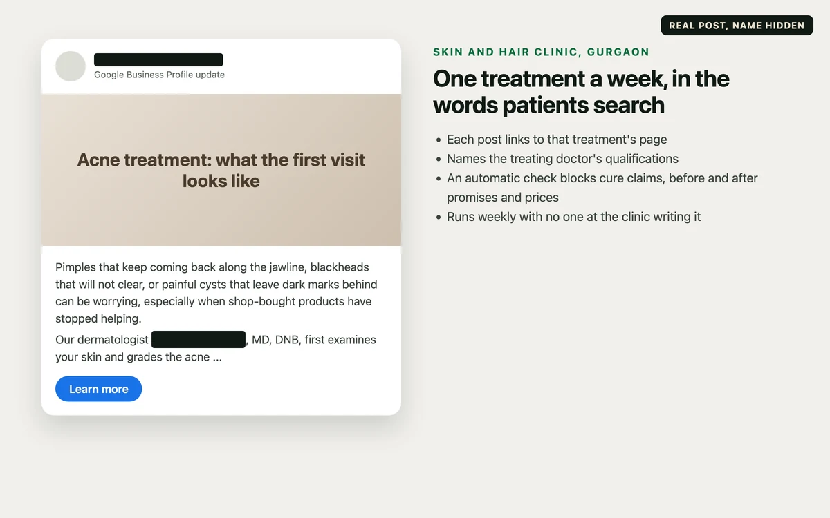 Google Business Profile post for a skin clinic, with the clinic name hidden