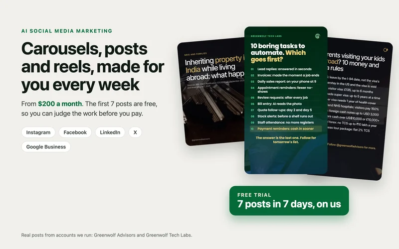 AI social media marketing: real carousels and reels we made, with the 7 free posts offer