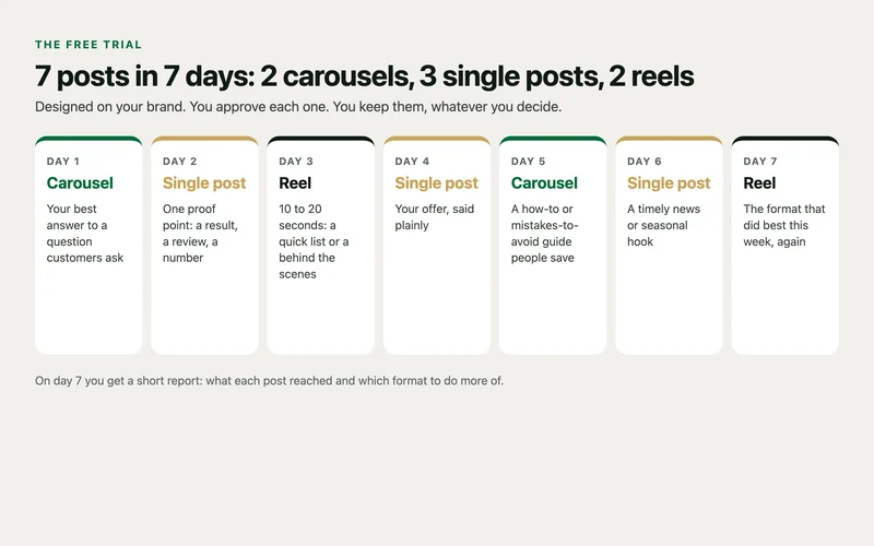 The 7 day free trial: 2 carousels, 3 single posts and 2 reels, day by day